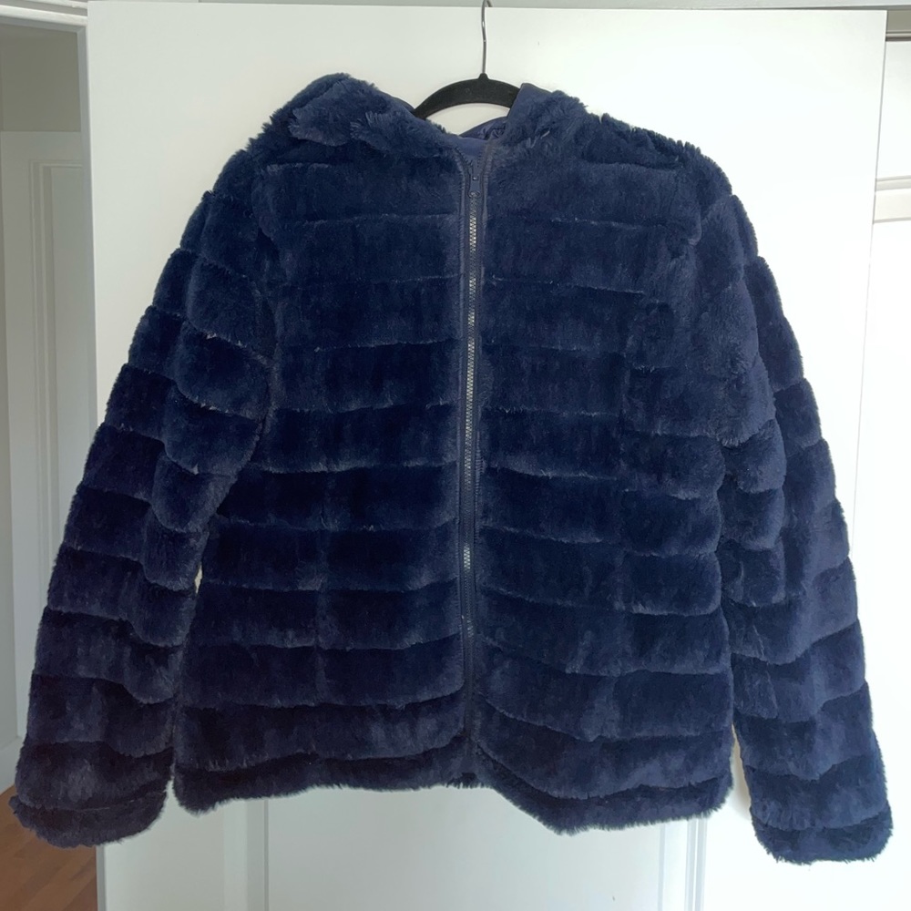 Reversible fluffy navy winter coat